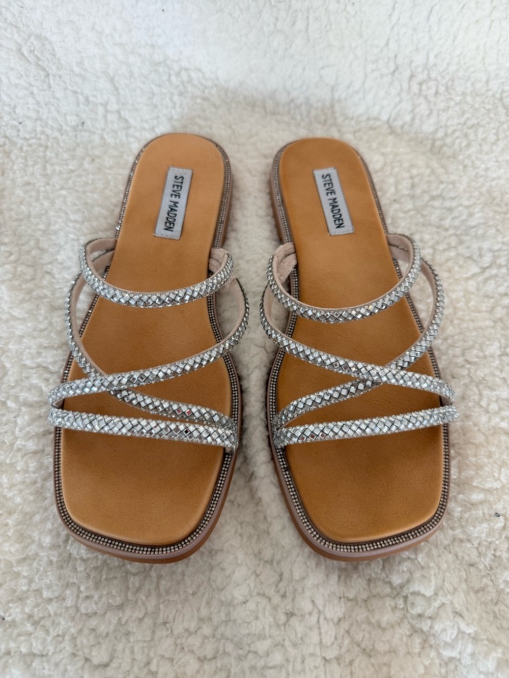 Steve Madden Crystal-Strap Slide Sandals - Silver
